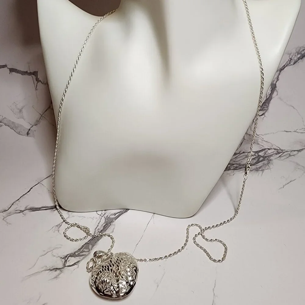 925 Silver Filigree Puffy Heart Pendant with Long Rope Chain